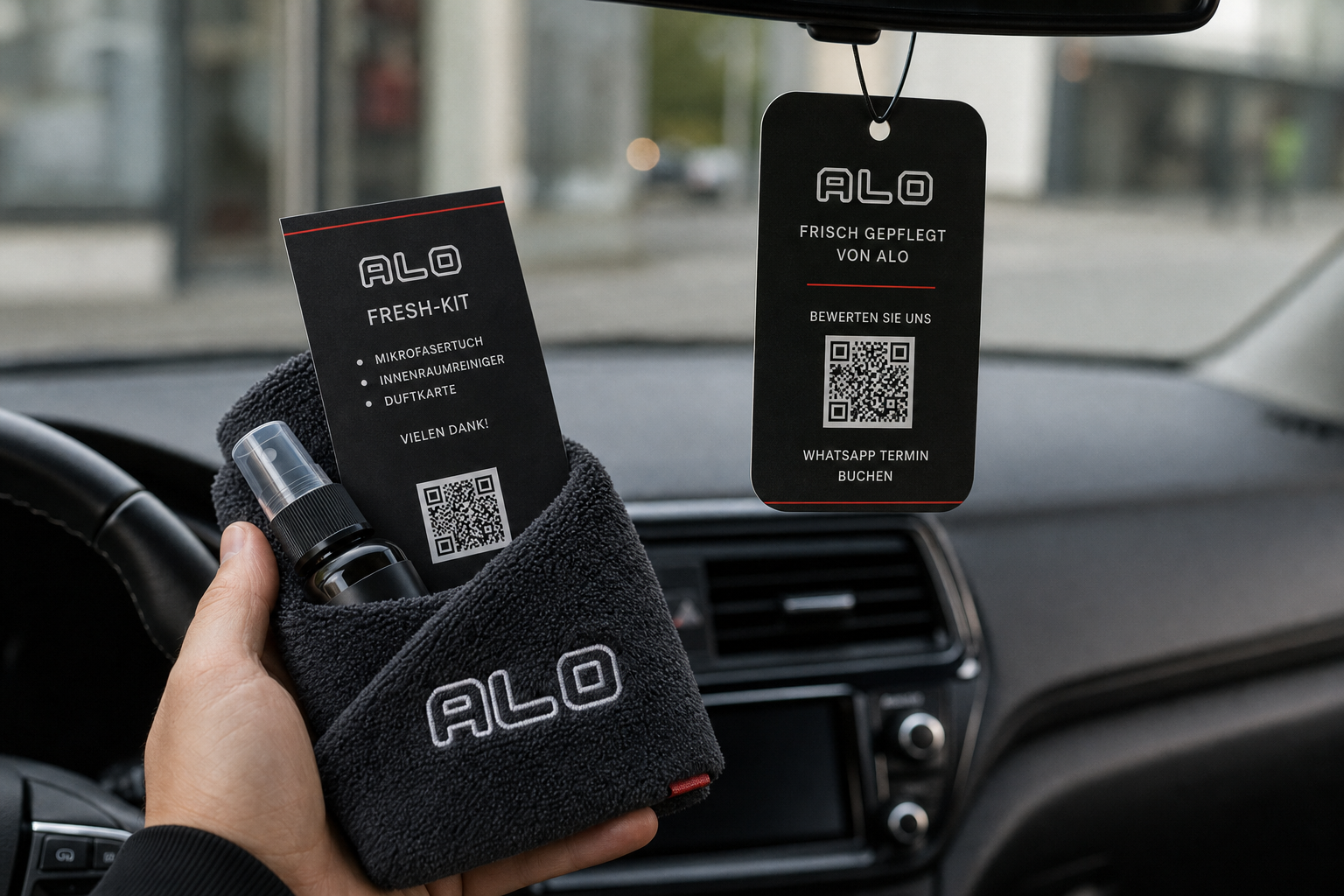 ALO Fresh-Kit mit Mikrofasertuch, Pflegeprobe und Spiegelhänger im Auto
